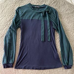Zeagoo navy & green long sleeve striped bow top blouse fall holiday winter